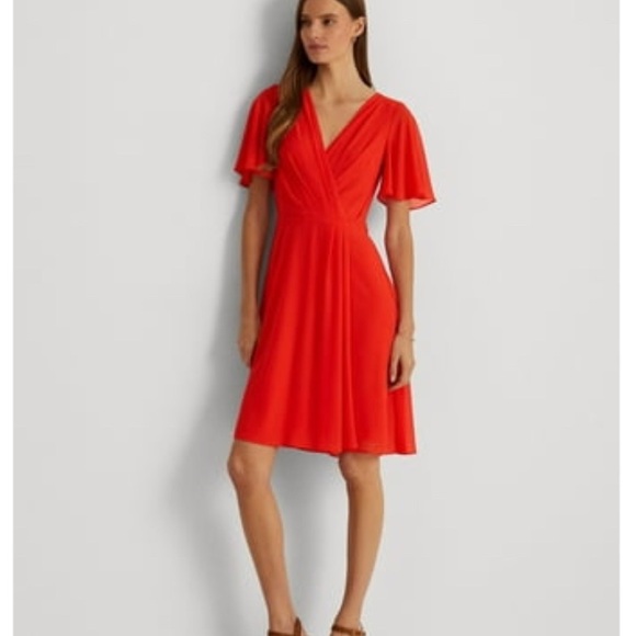 Lauren Ralph Lauren Zippered Pleated Sheer Lined Red Flutter Sleeve Midi Dress - Picture 4 of 4